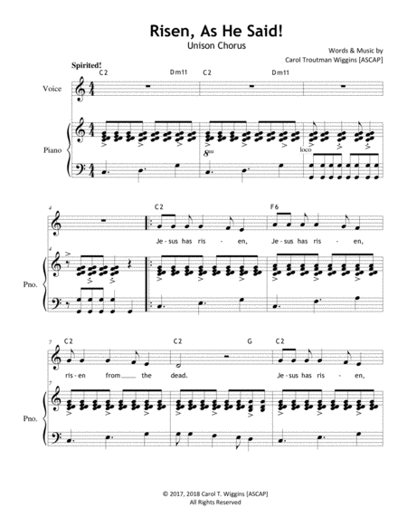 Risen As He Said Unison Sheet Music