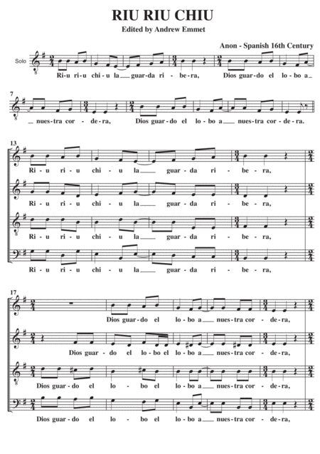 Free Sheet Music Riu Riu Chiu A Cappella