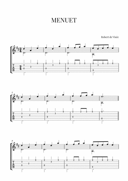 Robert De Vise Menuet Easy Classical Guitar With Tabs Sheet Music