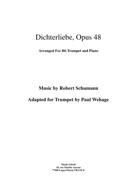 Robert Schumann Dichterliebe Opus 48 Arranged For Bb Trumpet And Piano Sheet Music