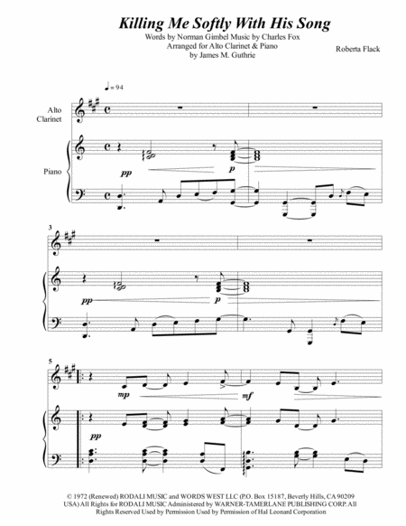 Free Sheet Music Roberta Flack Killing Me Softly With His Song For Alto Clarinet Piano