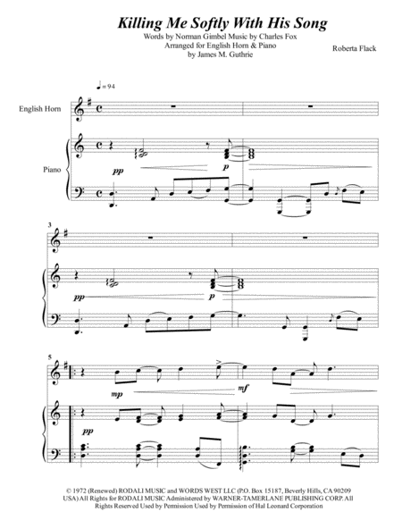 Roberta Flack Killing Me Softly With His Song For English Horn Piano Sheet Music