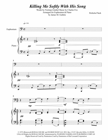 Roberta Flack Killing Me Softly With His Song For Euphonium Piano Sheet Music
