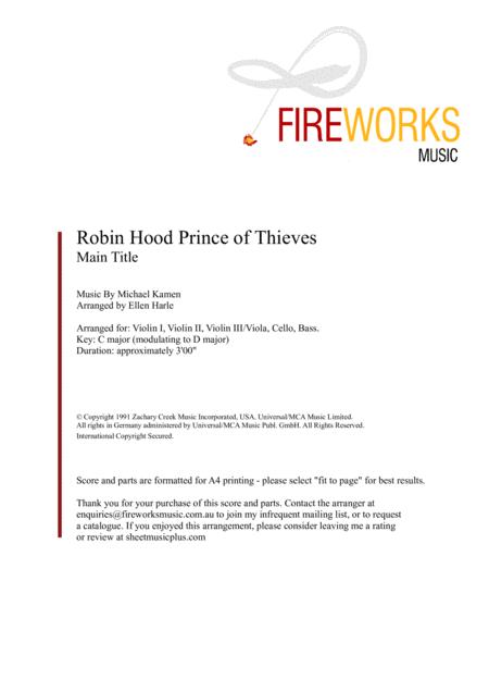 Free Sheet Music Robin Hood Prince Of Thieves Main Title Michael Kamen String Quartet