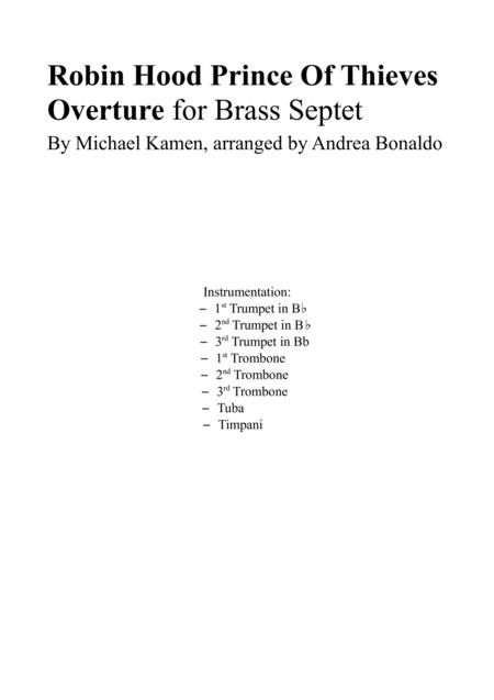 Robin Hood Prince Of Thieves Overture For Brass Septet Sheet Music