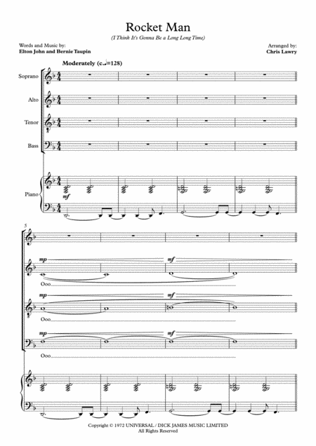 Free Sheet Music Rocket Man Elton John For Satb Choir With Piano Accompaniment