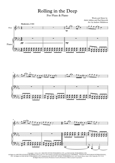 Rolling In The Deep Arranged For Flute Piano Sheet Music