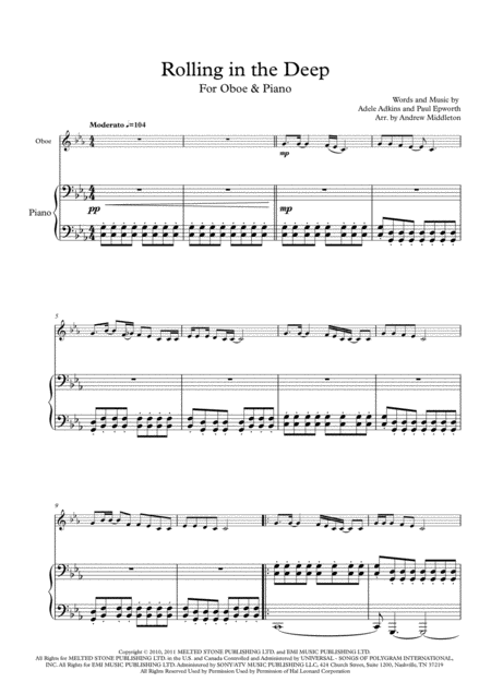 Free Sheet Music Rolling In The Deep Arranged For Oboe Piano