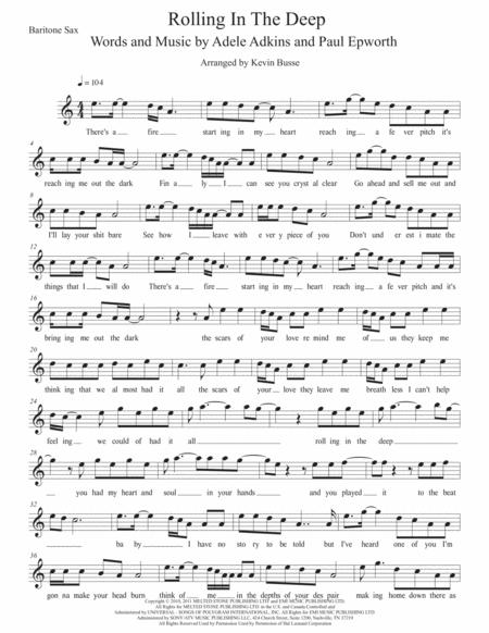 Free Sheet Music Rolling In The Deep Easy Key Of C Bari Sax