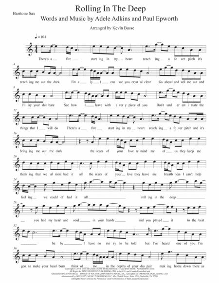 Rolling In The Deep Easy Key Of C Bari Sax Sheet Music