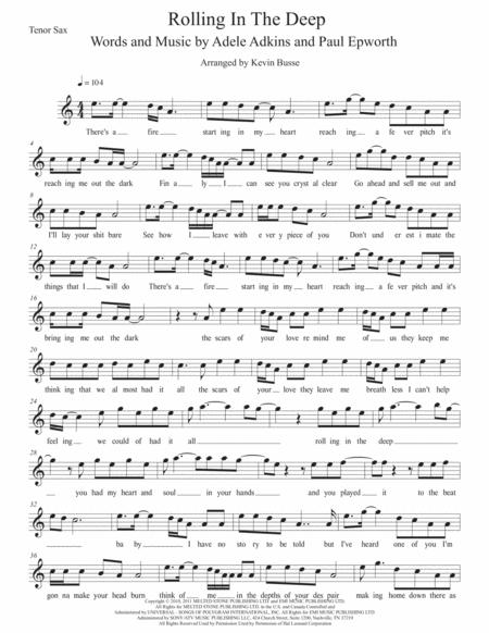 Rolling In The Deep Easy Key Of C Tenor Sax Sheet Music