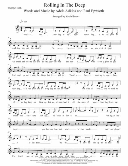 Free Sheet Music Rolling In The Deep Easy Key Of C Trumpet