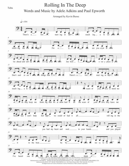 Free Sheet Music Rolling In The Deep Easy Key Of C Tuba