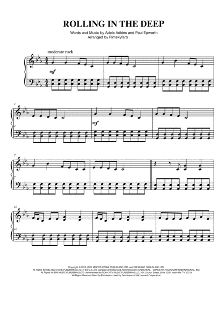 Rolling In The Deep For Easy Piano Sheet Music