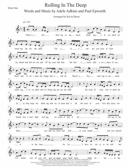 Rolling In The Deep Original Key Tenor Sax Sheet Music