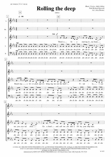 Free Sheet Music Rolling In The Deep Saatb A Cappella