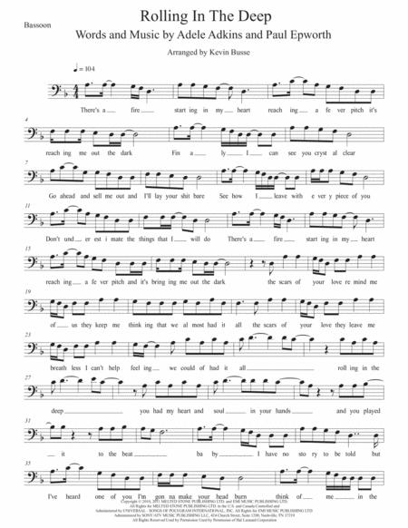 Rolling In The Deep W Lyrics Bassoon Sheet Music