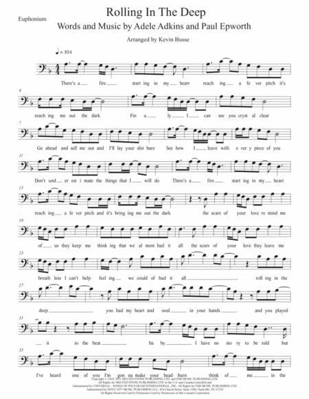 Free Sheet Music Rolling In The Deep W Lyrics Euphonium