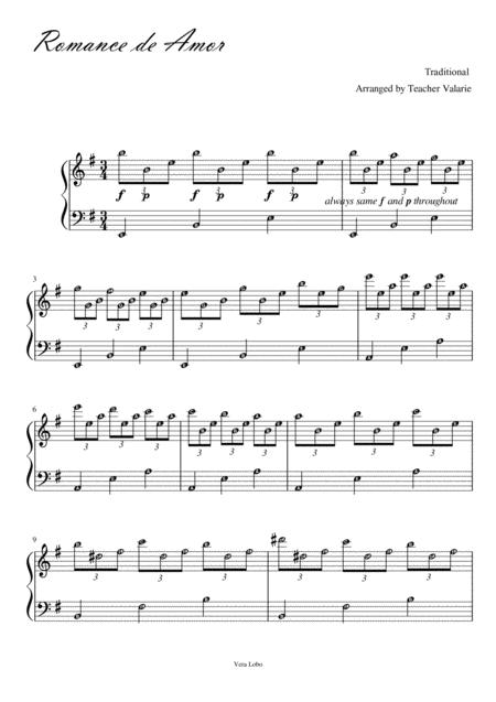 Romance De Amor Piano Solo Traditionally Guitar Music With Note Names Sheet Music