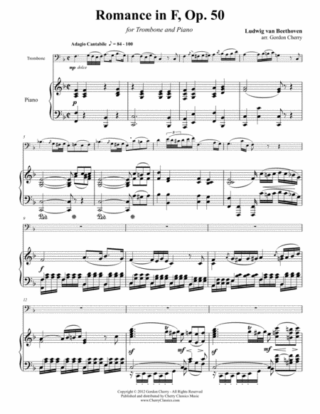 Romance No 2 In F Op 50 For Trombone Piano Sheet Music