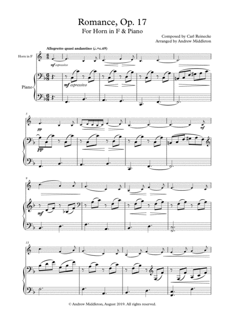 Romance Op 17 Arranged For Horn In F And Piano Sheet Music