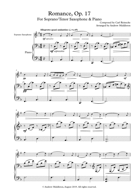 Romance Op 17 Arranged For Soprano Saxophone And Piano Sheet Music