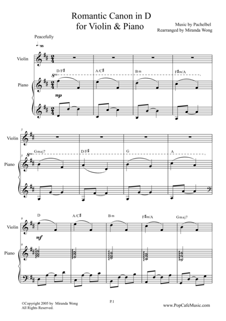 Romantic Canon In D For Violin Piano Sheet Music