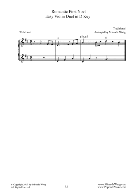 Free Sheet Music Romantic First Noel Violin Duet In D Key With Chords