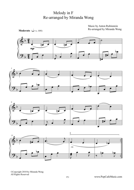 Romantic Melody In F For Piano Solo Sheet Music