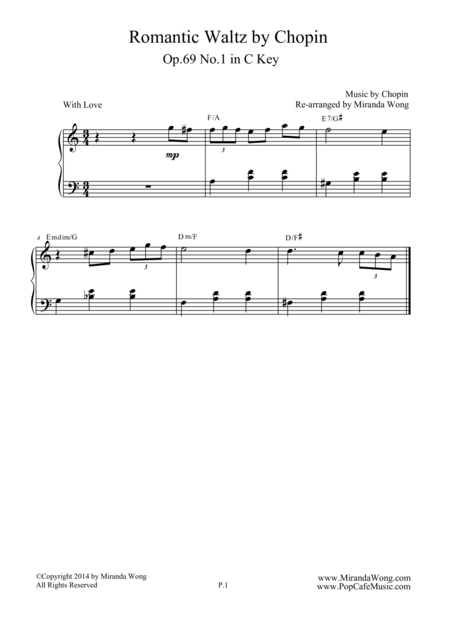 Free Sheet Music Romantic Waltz Op 69 No 1 In C Key Chopin Easy Piano Version