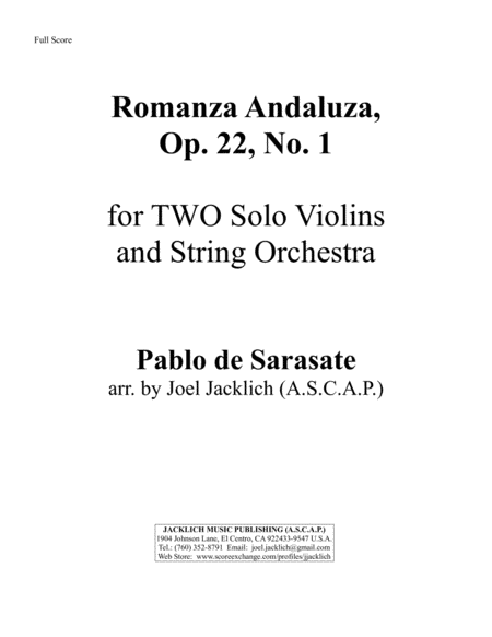 Romanza Andaluza Op 22 No 1 For Two Solo Violins And String Orchestra Sheet Music