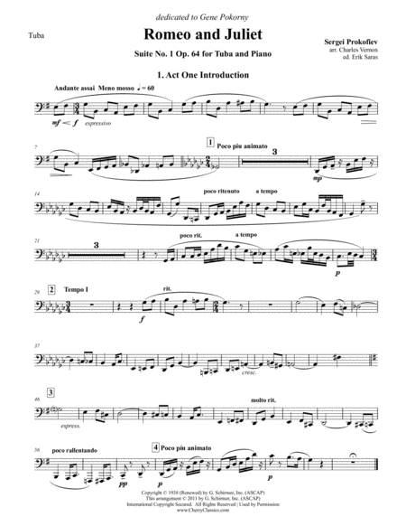 Romeo And Juliet Suite No 1 Op 64 For Tuba And Piano Sheet Music