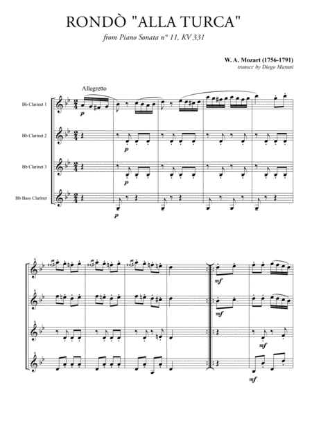 Rond Alla Turca Turkish March For Clarinet Quartet Sheet Music