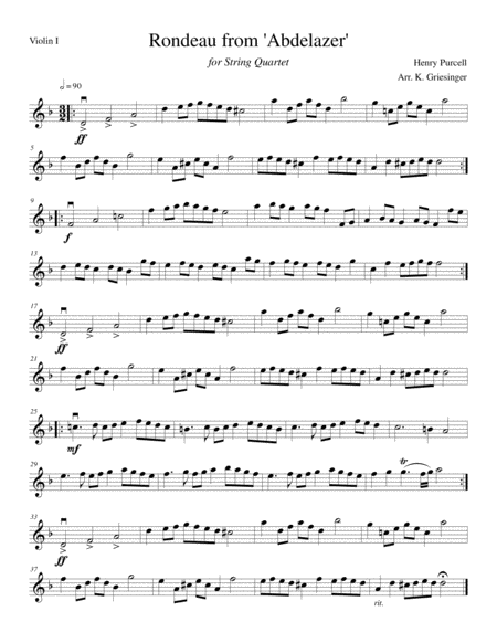 Rondeau Abdelazer Purcell String Quartet Sheet Music