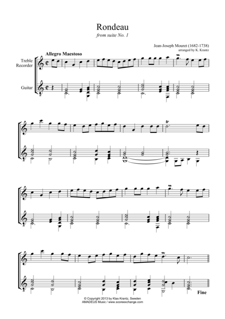 Free Sheet Music Rondeau For Treble Recorder And Guitar