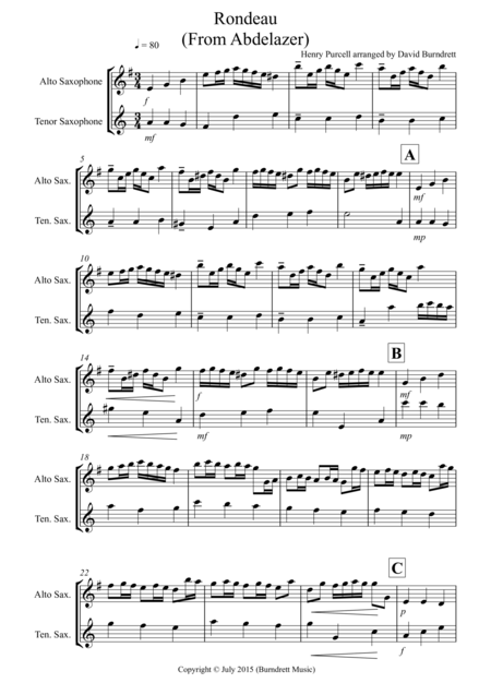 Rondeau From Abdelazer For Alto And Tenor Saxophone Duet Sheet Music