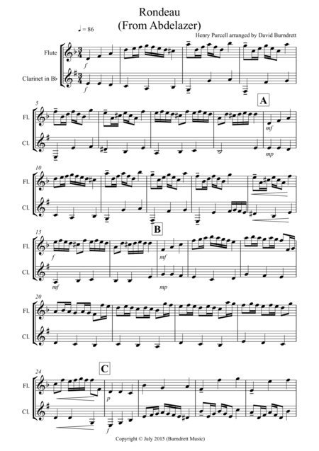 Rondeau From Abdelazer For Flute And Clarinet Sheet Music