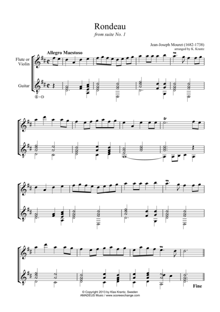 Free Sheet Music Rondeau From Suite 1 For Violin Or Flute And Guitar