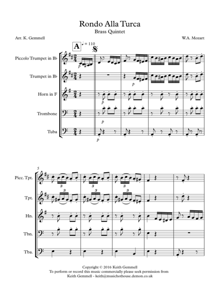 Free Sheet Music Rondo Alla Turca Brass Quintet