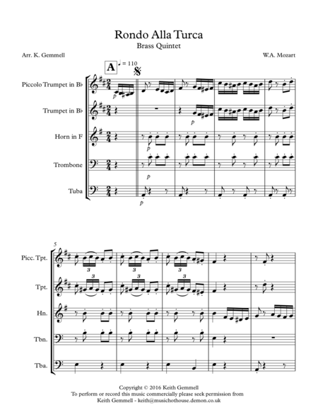 Rondo Alla Turca Brass Quintet Sheet Music