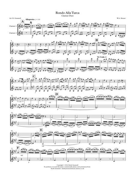 Free Sheet Music Rondo Alla Turca Clarinet Duet