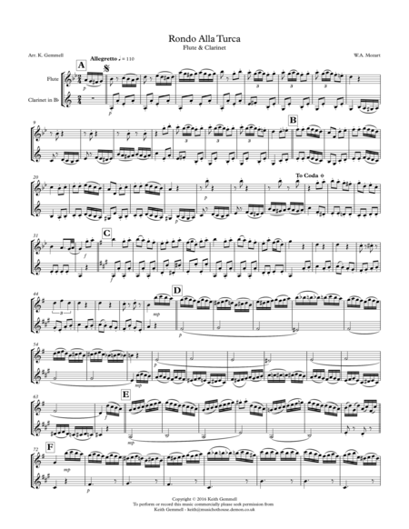 Free Sheet Music Rondo Alla Turca Flute Clarinet Duet