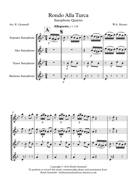 Free Sheet Music Rondo Alla Turca Saxophone Quartet