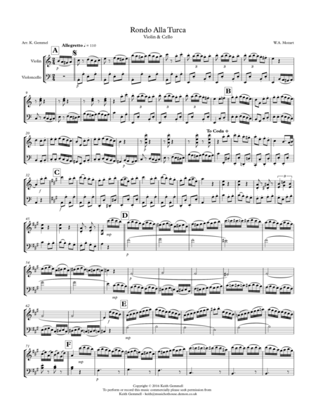 Rondo Alla Turka Violin Cello Duet Sheet Music