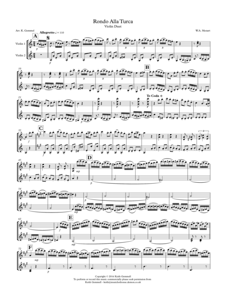 Rondo Alla Turka Violin Duet Sheet Music