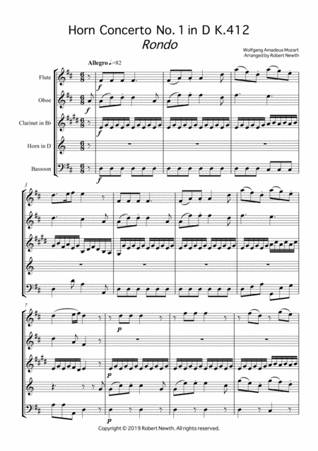 Free Sheet Music Rondo From Horn Concerto No 1 In D K412 For Wind Quintet