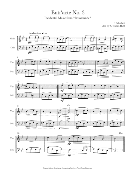 Free Sheet Music Rosamunde Entr Acte No 3 For Violin Cello Duo