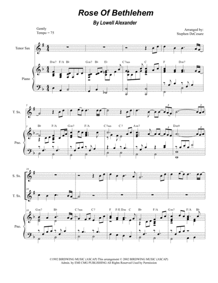 Rose Of Bethlehem Duet For Soprano Tenor Saxophone Sheet Music