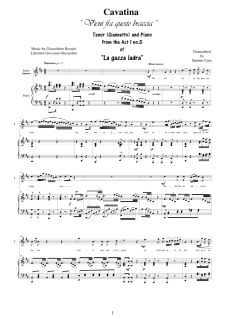 Rossini La Gazza Ladra Act 1s5 Vieni Fra Queste Braccia Tenor And Piano Sheet Music