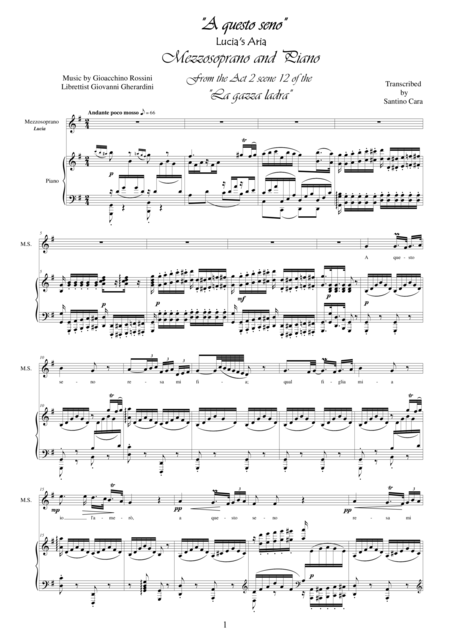 Free Sheet Music Rossini La Gazza Ladra Act 2 A Questo Seno Mezzo Soprano And Piano